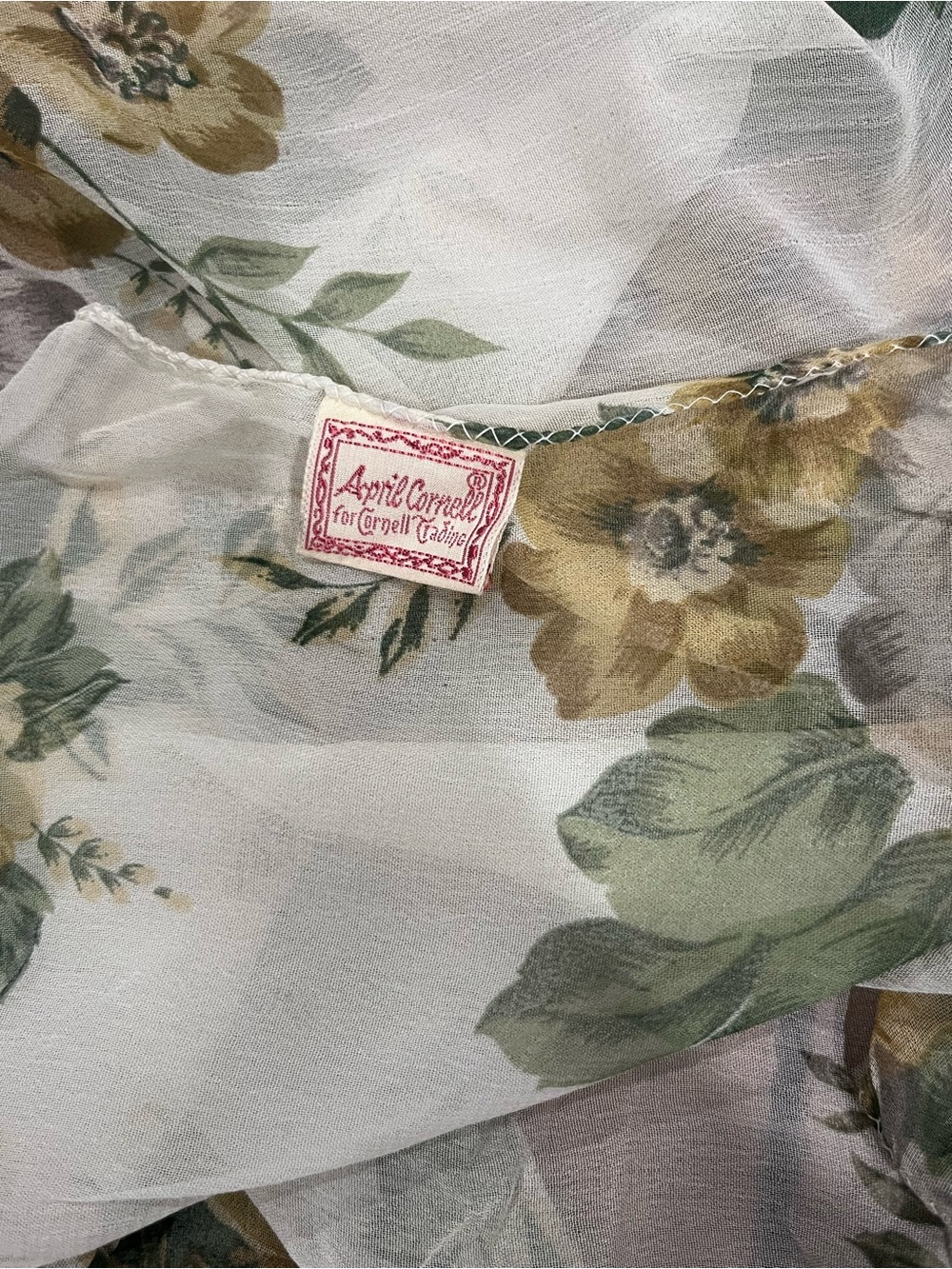 Vintage April Cornell Floral Sheer 35 square scarf Cream with Olive & Yellow